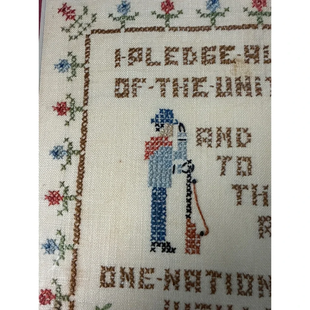 Pledge of Allegiance Cross Stitch Framed Americana Folk Art Flag 16x19